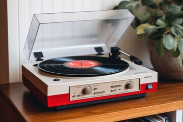Obraz premium Step back in time with this exquisite close-up of a vintage vinyl turntable. It's a timeless piece of musical history, capturing the essence of retro elegance.