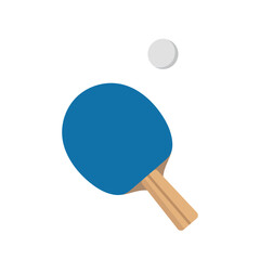 One blue ping pong racket and ball, isolate on white, simple illustration, flat style, minimalism