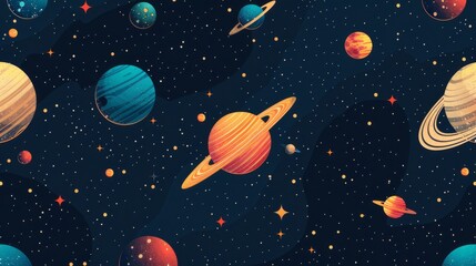 Planets and stars in a seamless pattern on a dark blue background