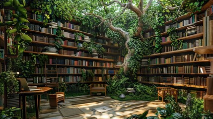An eco-friendly library with books and resources on sustainability. AI generated illustration
