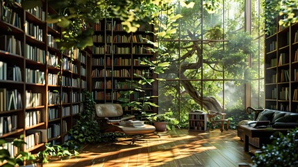 An eco-friendly library with books and resources on sustainability. AI generated illustration