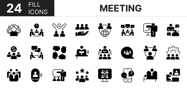 Collection of 24 meeting, fill icons featuring editable strokes. These outline icons depict various modes of meeting, business, conference, planning, presentation, 