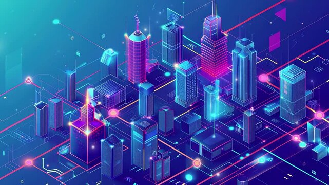 Smart city and communication network concept. Futuristic smart city isometric background with digital hologram of building. Futuristic urban technology. Technology Background. Smartcity buildings. IOT