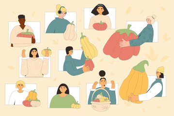 People with pumpkins set. Autumn vegetables harvest characters event. Vector outline illustration.