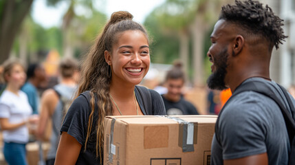 A telephoto angle photo of students and parents chatting and laughing while moving boxes into the dorm, capturing the excitement of move-in day, with copy space