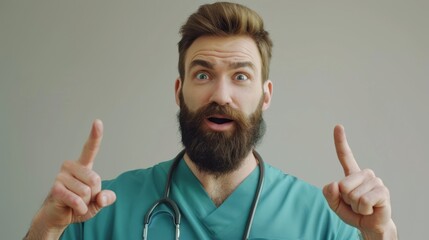 Naklejka premium Surgeon pointing up with a surprised look.