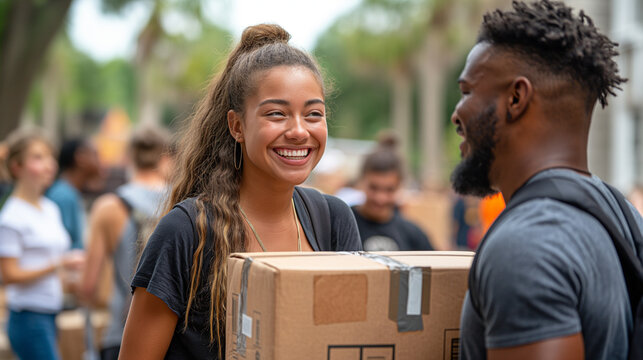 A telephoto angle photo of students and parents chatting and laughing while moving boxes into the dorm, capturing the excitement of move-in day, with copy space