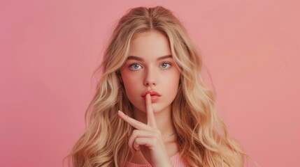 A blonde woman with long hair is standing in front of a pink background