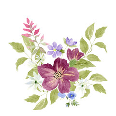 Hand painted with watercolors, a bouquet of wild flowers, leaves. Plant elements isolated on transparent background for fashion, interior, wallpaper, print.