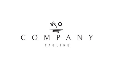 A vector logo with an abstract image of an island in the ocean with a palm tree against the background of the sun.