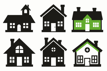 House icon set, Collection home icons. Set of real estate objects and houses black icons isolated on white background. Vector illustration.
