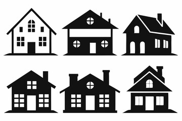 Fototapeta premium House icon set, Collection home icons. Set of real estate objects and houses black icons isolated on white background. Vector illustration. 