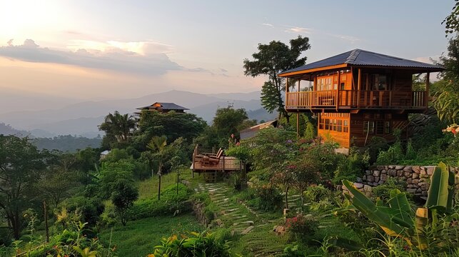 A lush green landscape with a cottage nestled in nature. AI generated illustration