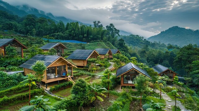 A lush green landscape with a cottage nestled in nature. AI generated illustration