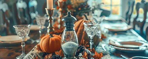 Elegant autumn table setting with pumpkins, candles, and flowers, perfect for seasonal celebrations and festive gatherings.