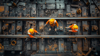A top-down view of railway tracks where four workers, dressed in bright orange safety helmets and reflective vests, are engaged in maintenance or repair work.