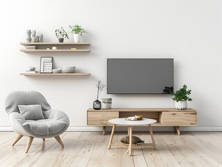 3D rendering of a modern living room interior design with a sofa, TV