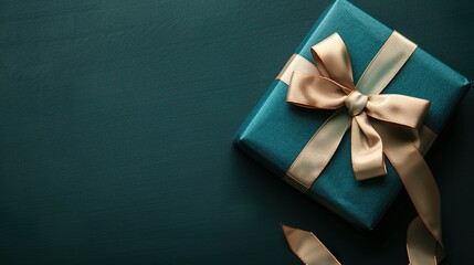 Navy Blue Gift Box with Golden Ribbon and Star Confetti on Dark Festive Background