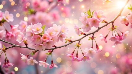 Obraz premium Beautiful blooming cherry blossom branch with pink flowers and soft sunlight. Springtime in full bloom creating a magical, dreamy atmosphere.