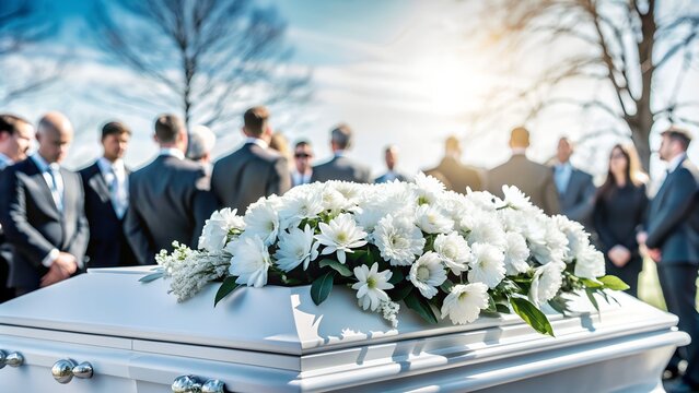 A serene outdoor funeral service with a white casket adorned with flowers, surrounded by mourners in formal attire under a clear sky.