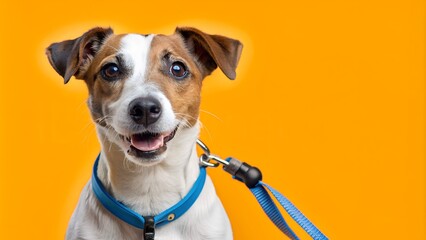 Cute Jack Russell Terrier dog on a leash against a vibrant orange backdrop, smiling and looking at the camera. Bright and cheerful image.