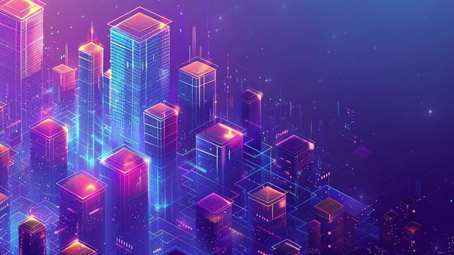 Smart city and communication network concept. Futuristic smart city isometric background with digital hologram of building. Futuristic urban technology. Technology Background. Smartcity buildings. IOT