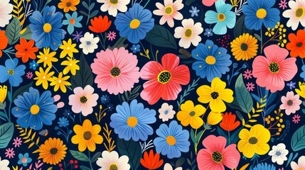 Colorful and vibrant floral pattern with a variety of flowers and leaves on a dark blue background.