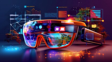 Augmented reality, AR glasses overlaying information, flat design illustration 