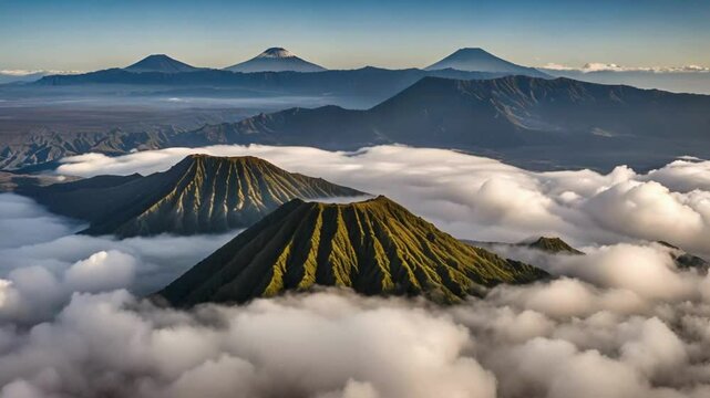 Hyperlapse aerial view flying to mount Bromo active volcano above sea of clouds, Java, Indonesia
