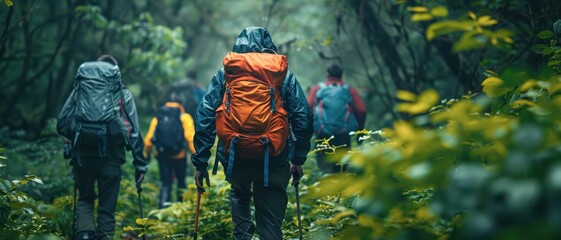 Obraz premium Group of Campers hiking with backpacks through a dense forest