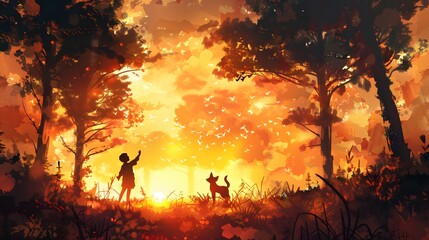Silhouette of a child and dog standing in a forest with a fiery sunset behind them.