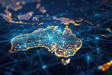 Electronic map of Australia, illustrating worldwide connectivity and links, data sharing and cyber advancements, business interactions, intelligence and telecommunication. 