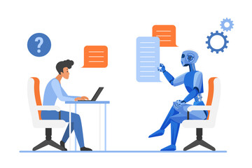 A human engaging in a dialogue with a chatbot, both seated and exchanging information, representing AI interaction, technology, and communication vector illustration.