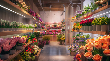 flowers at the market, Flower shop scenery, florist shop, displaying various flowers on shelves.
