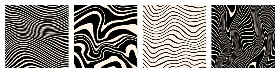 Hand drawn striped groovy backgrounds, square patterns set. Black and white marble stains templates collection. Distorted curved uneven stripes, warped streaks, fluid liquid wavy lines, artistic waves