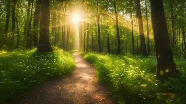 Magic fairytale forest path with firefly flying and sunlight with sun beams