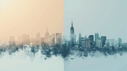 Minimalist depiction of a city skyline with smog above, and a clear sky line below on a split background, symbolizing air pollution