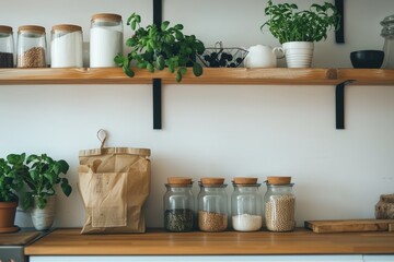 Eco-Friendly Minimalist Kitchen showcasing Sustainable Living with Glass Jars, Reusable Bags, and Compost Bin