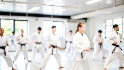Obraz premium Martial Arts Dojo Blur - A martial arts dojo with mats and practitioners, out of focus. 