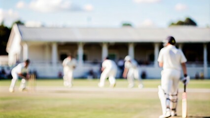 Obraz premium Cricket Field Blur - Blurred background of a cricket field with players and wickets. 