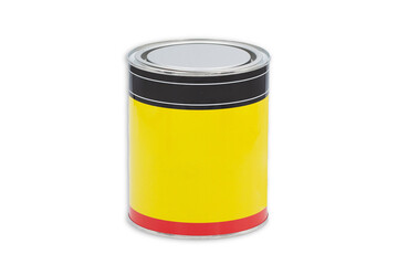 Yellow metal paint can with a gray lid, isolated on a white background. Industrial-style container ideal for storing paint or solvents. Perfect for construction, repair, or DIY . Empty copy space.