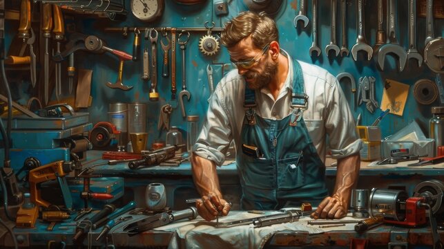 A bearded man in overalls is focused on his task in a cluttered workshop filled with various tools and equipment, working meticulously on a piece of machinery.