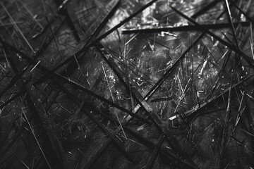 A chaotic tangle of lines forming an abstract, textured surface in dark grey and black.