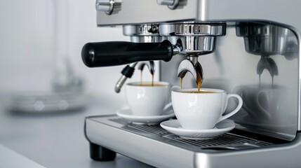 A detailed close-up of an espresso machine, brewing two cups of fresh coffee with crema, highlighting the intricate process and craftsmanship involved in coffee making.