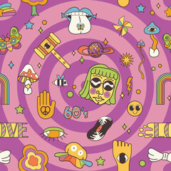 Groovy cartoon psychedelic seamless pattern with hippy emoji and funky stickers. Funny retro texture with trippy vibes elements, Love word. Magic background of 70s 60s style vector illustration