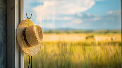 A minimalist view of a farmers hat hanging on a hook with a blurred field through a window