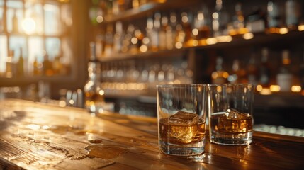 Whiskey and Ice on a Bar Counter