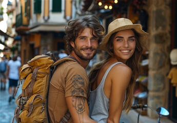 Obraz premium Couple Exploring City Streets With Backpack. A couple, one wearing a backpack, walks through a European city