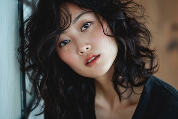 Fototapeta premium Close-up of a beautiful young woman with natural makeup and curly hair, gazing away thoughtfully