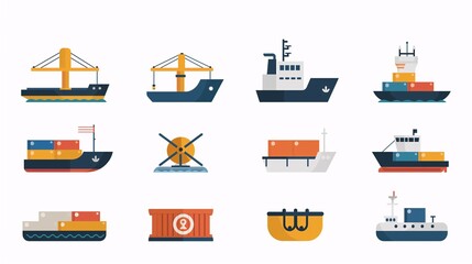 Clean and minimalistic icons of maritime transport, ships, and cargo in bright colors